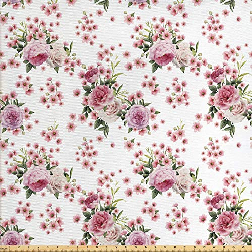 Ambesonne Floral Fabric by The Yard Vintage Style Blossoming Romantic Flower Arrangements Garden Art Decorative Fabric for Upholstery and Home Accents 1 Yard Rose Green