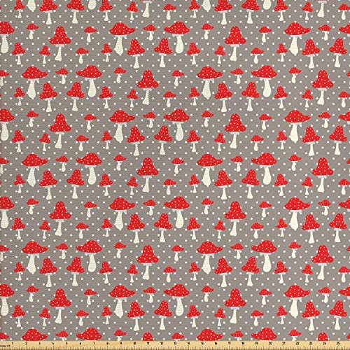 Ambesonne Mushroom Fabric by The Yard Amanita Mushrooms Pattern with Polka Dotted Backdrop Cartoon Toadstool Decorative Fabric for Upholstery and Home Accents 1 Yard Taupe Cream