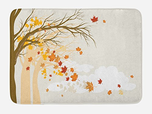 Lunarable Fall Bath Mat Pastel Colored Autumn Trees in The Park with Shedding Leaves Graphic Design Print Plush Bathroom Decor Mat with Non Slip Backing 29 5  X 17 5  Beige Brown