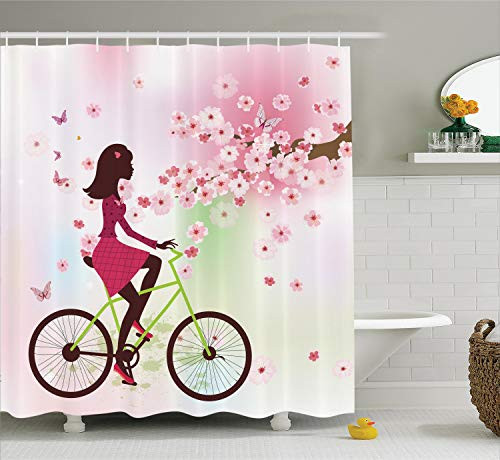 Ambesonne Feminine Shower Curtain, Girl on Bike Passing by Cherry Trees Blooms Spring Nature Seasonal Illustration, Cloth Fabric Bathroom Decor Set with Hooks, 70 Inches, Green Pink Ambesonne Feminine Shower Curtain, Girl on Bike Passing by Cherry Trees Blooms Spring Nature Seasonal Illustration, Cloth Fabric Bathroom Decor Set with Hooks, 70 Inches, Green Pink