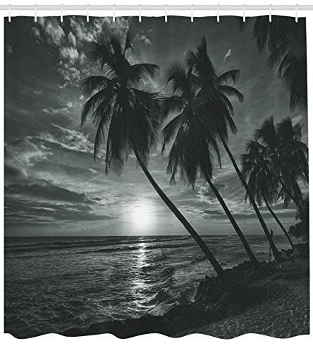 Ambesonne Tropical Shower Curtain, Coconut Palm Trees on Beach Bend by The Wind Horizon Over The Sea Picture, Fabric Bathroom Decor Set with Hooks, 70 Inches, Black and White