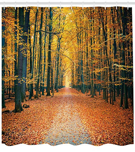Ambesonne Fall Shower Curtain Trees Decor, Romantic Autumn Alley in The Woods and Forest Picture Print, Polyester Fabric Bathroom Shower Curtain Set with Hooks, Olive Brown Paprika