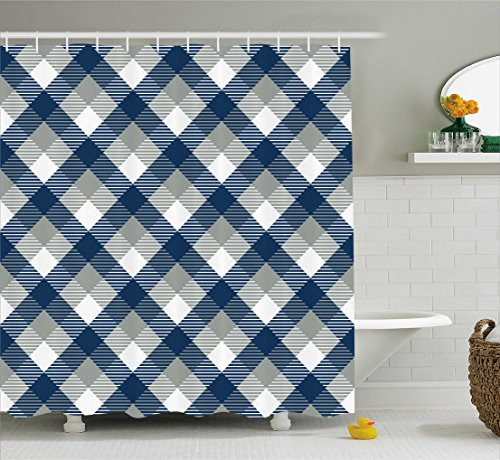 Ambesonne Navy Shower Curtain, Abstract Checkered Tartan Geometric Classic Squares with Scottish Effects, Fabric Bathroom Decor Set with Hooks, 70 Inches, Dimgrey White Dark Blue