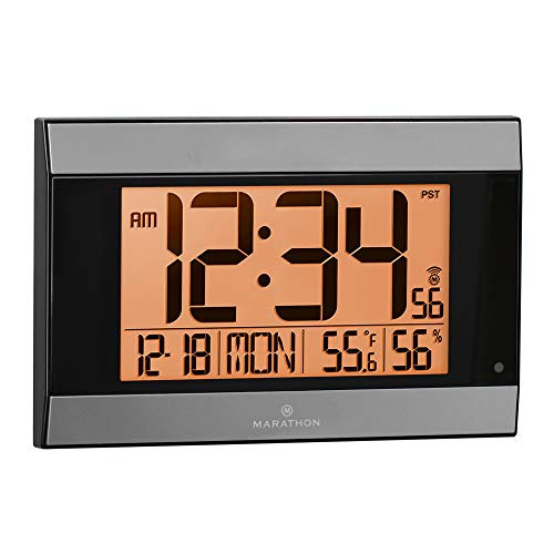 Marathon CL030052GG Atomic Digital Wall Clock with AutoNight Light Temperature  Humidity  Batteries Included