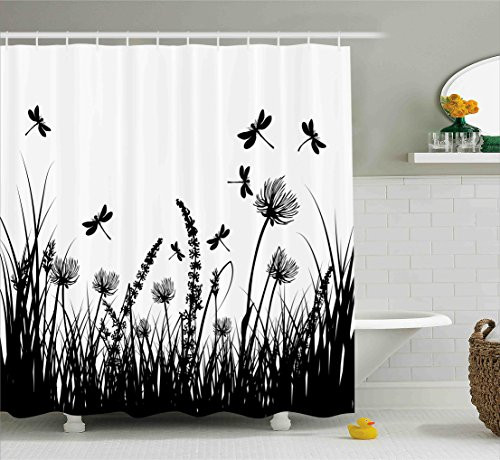 Ambesonne Nature Shower Curtain, Grass Bush Meadow Silhouette with Dragonflies Flying Spring Garden Plants Display, Fabric Bathroom Decor Set with Hooks, 70 Inches, Black White Ambesonne Nature Shower Curtain, Grass Bush Meadow Silhouette with Dragonflies Flying Spring Garden Plants Display, Fabric Bathroom Decor Set with Hooks, 70 Inches, Black White