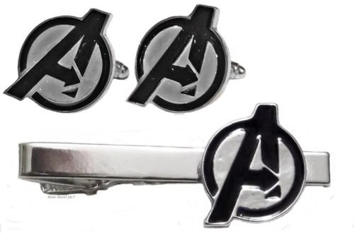 Marvel Comics THE AVENGERS Logo Silvertone TIE CLIP  CUFFLINKS SET