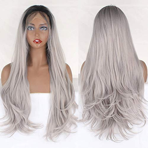 Xtrend 24  Ombre Grey Lace Front Wig With Baby Hair Dark Roots Ombre Synthetic Wigs Long Wavy Wig Pre Plucked Hairline Real Natural For Women 1B/Grey