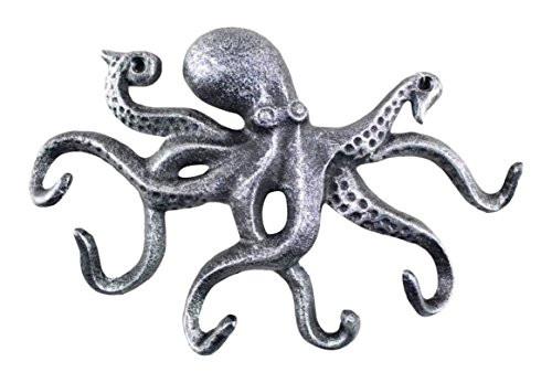 Hampton Nautical Antique Silver Cast Iron Octopus Hook 11 inch - Decorative Hook - Sealife Metal Wall Hook