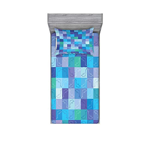 Ambesonne Sea Animals Fitted Sheet  Pillow Sham Set Playful Dolphin in Mosaic of Colored Squares Underwater Life Theme Decorative Printed 2 Piece Bedding Decor Set Twin Lavender Blue