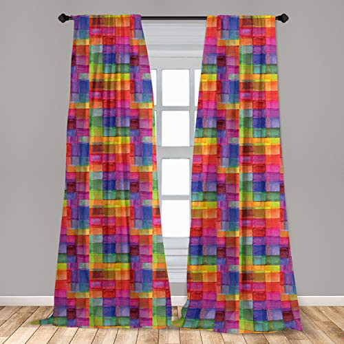 Ambesonne Abstract Window Curtains Rainbow Colored Geometric Square Shaped with Blurry Hazy Effects Watercolor Design Lightweight Decorative Panels Set of 2 with Rod Pocket 56  x 63  Multicolor