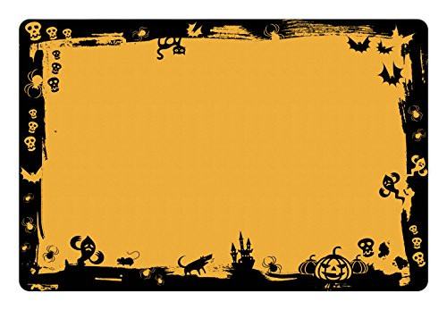 Lunarable Halloween Pet Mat for Food and Water Black Framework Borders with Halloween Cats Bats Skulls Ghosts Spiders NonSlip Rubber Mat for Dogs and Cats 18  X 12  Yellow Black