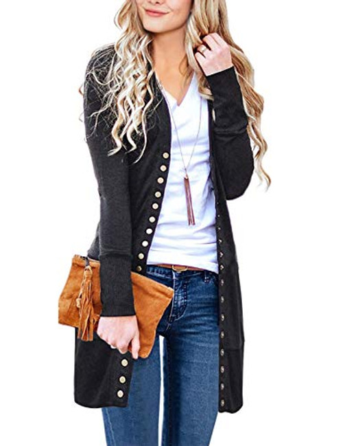 MEROKEETY Women s Long Sleeve Snap Button Down Solid Color Knit Ribbed Neckline Cardigans Charcoal