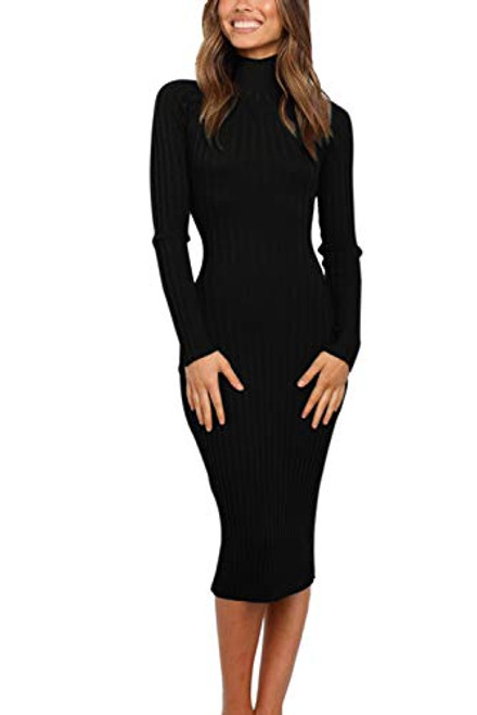 MEROKEETY Women s Ribbed Long Sleeve Sweater Dress High Neck Slim Fit Knitted Midi Dress Black L