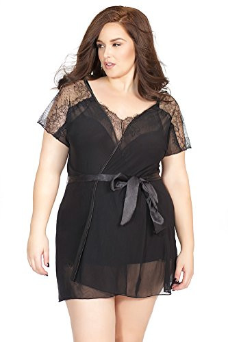 Coquette Women s Plus Diva Mesh and Scalloped Lace Robe Black One Size/XLarge