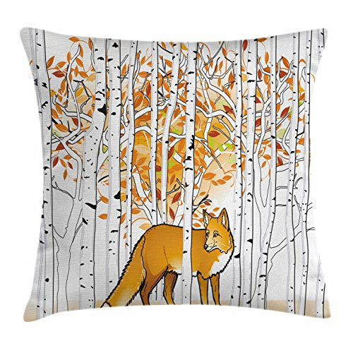 Hunting Decor Throw Pillow Cushion Cover by Ambesonne, Fox Hunting in Autumn Forest Birch Trees Rustic Wilderness Animal, Decorative Square Accent Pillow Case, 18 X 18 Inches, Orange White Black