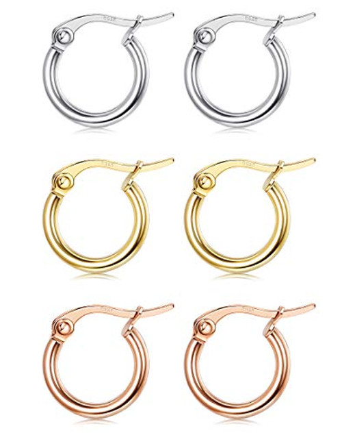 Milacolato 3Pairs 925 Sterling Silver Small Hoop Earrings Lightweight Cute Clasp Round Hoop Cartilage Earrings Set for Women