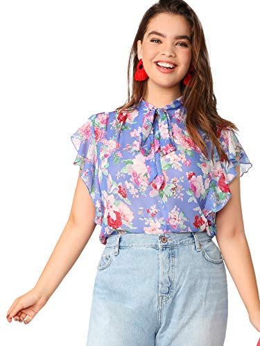 Milumia Women Plus Size Casual Boho Blouses Neck Tied Tops Floral Blue XXLarge Plus