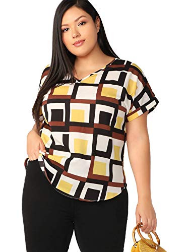 Milumia Women s Casual Plus Size Geo Print V Neck Roll Up Short Sleeve Curved Hem Blouse Shirt Tops Multicolor 3XLarge Plus