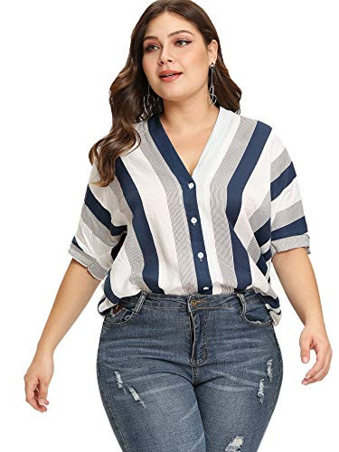 Milumia Women s Casual Plus Size Stripe V Neck Button Front Short Sleeve Chiffon Blouse Shirt Tops White and Blue 3XLarge Plus