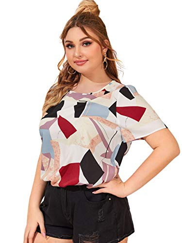 Milumia Women s Plus Size Geo Print Chiffon Round Neck Short Sleeve Summer Blouse Tops Multicolor XLarge Plus
