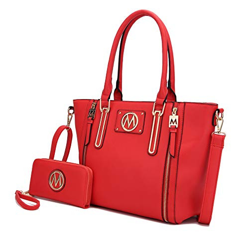 MKF Crossbody Tote Bag for Women  Wristlet Wallet Purse Set  PU Leather TopHandle Satchel Shoulder Handbag Coral Red