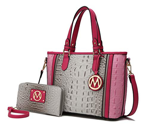 MKF Crossbody Tote Bag for Women  Wristlet Wallet Purse Set  PU Leather TopHandle Satchel Shoulder Handbag Grey Pink