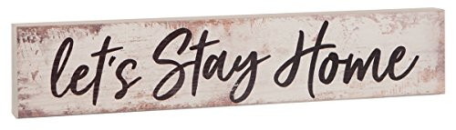 Let's Stay Home White Distressed 17 x 3.5 Inch Pine Wood Barnhouse Block Tabletop Sign