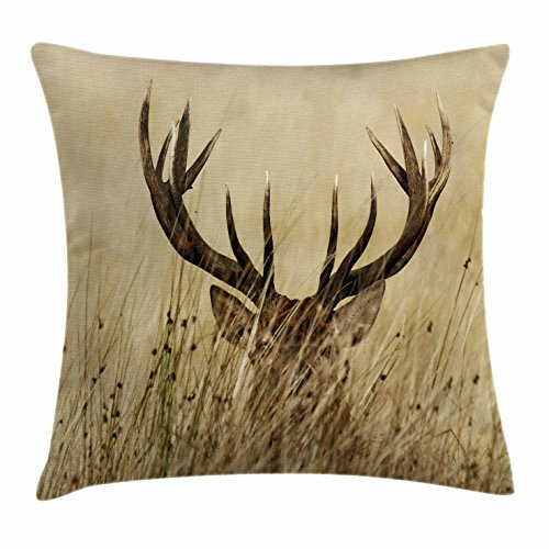 Ambesonne Antler Decor Throw Pillow Cushion Cover, Whitetail Deer Fawn in Wilderness Stag Countryside Rural Hunting Theme, Decorative Square Accent Pillow Case, 18 X 18 Inches, Brown Sand Brown