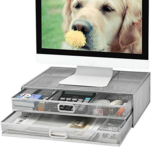 Monitor Stand Riser with Drawer  Metal Mesh Desk Organizer with Dual Pull Out Storage DrawerOffice Supply for Computer PC Laptop Printer Notebook iMac Silver