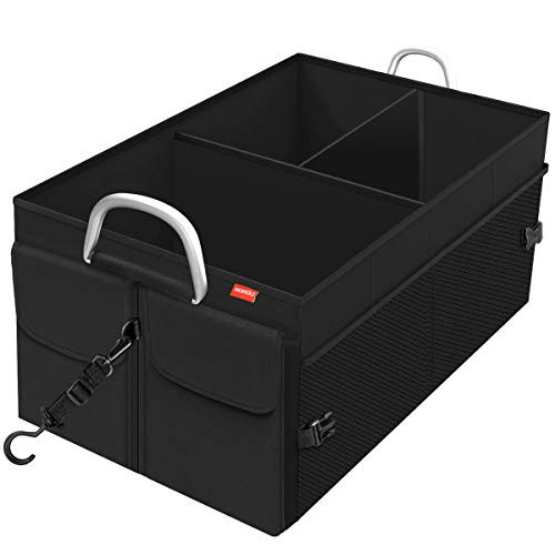 MORROLS Car Trunk Organizer Collapsible Storage Waterproof Durable with Aluminium Alloy Handle and Securing Straps Multi CompartmentsBlack
