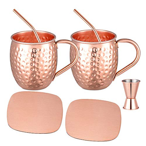 LESI Moscow Mule Copper Mugs Pure Cup Gift Set of 2 Straw Coasters Jigger Solid Cocktail Drink