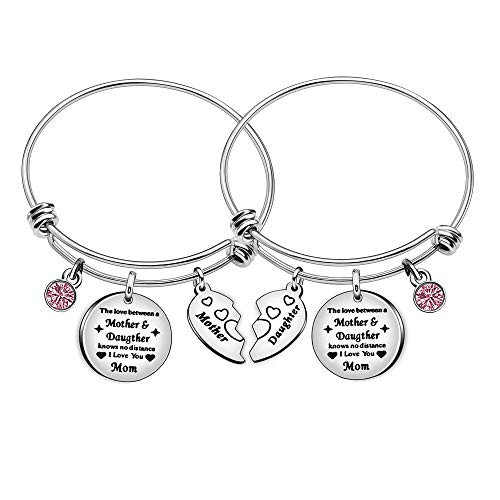 Mother Daughter Heart Charm Bangle Family Gift Adjustable Bracelet Women Girl Jewelry  The Love Between Mother and Daughter Knows No Distance I Love You Mom
