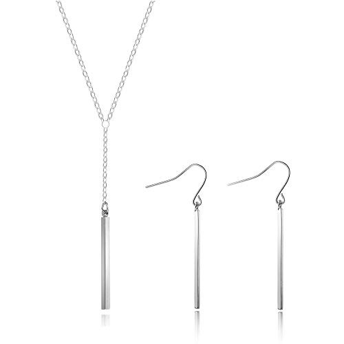 Long tiantian Silver Y Lariat Bar Necklace Earrings Set for Women Minimalist Drop Bar Y Chain Pendant Vertical Bar Dangle Earrings Jewelry Long tiantian Silver Y Lariat Bar Necklace Earrings Set for Women Minimalist Drop Bar Y Chain Pendant Vertical Bar Dangle Earrings Jewelry