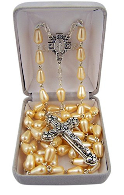 Catholic Cream Oval Tear Drop Prayer Bead Rosary Necklace with Heart Detailed Crucifix, 32 Inch Catholic Cream Oval Tear Drop Prayer Bead Rosary Necklace with Heart Detailed Crucifix, 32 Inch