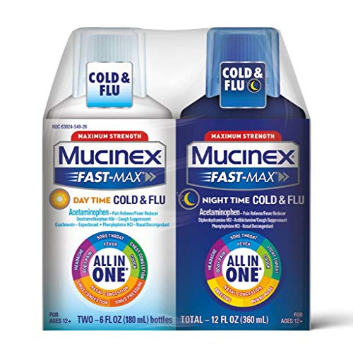 Mucinex FastMax Day Time Cold  Flu and Night Time Cold  Flu Liquid Medicine 12 fl oz Maximum Strength All in One Multi Symptom Relief for Congestion Sore Throat HeadacheCough and Reduces Fever