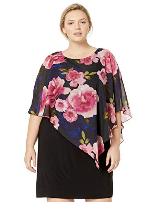 S L  Fashions Women s Plus Size Sleeveless Print Asymmetric Chiffon Overlay Dress Black Flower Multi 16W