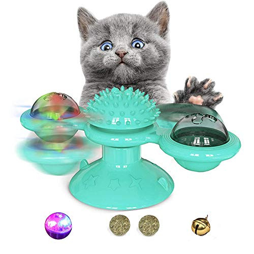 Kqpoinw Windmill Cat Toy Turntable Teasing Interactive Cat Toys for Indoor Cats with Suction Cup Scratching Tickle Cats Hair Brush Funny Kitten Toys with Catnip and Bells Blue