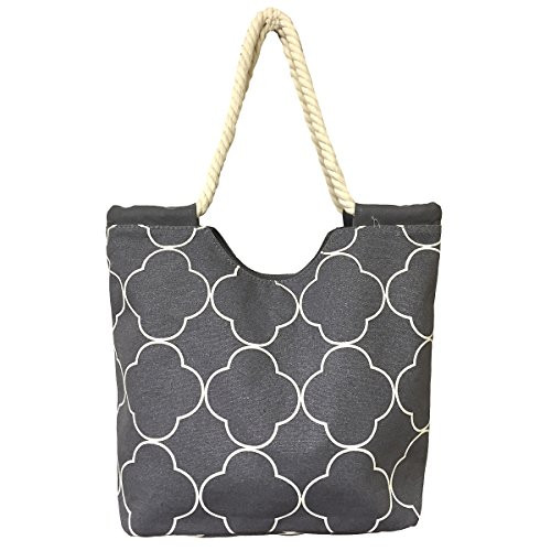 Ever Moda Quatrefoil Rope Handle Canvas Tote Bag Grey
