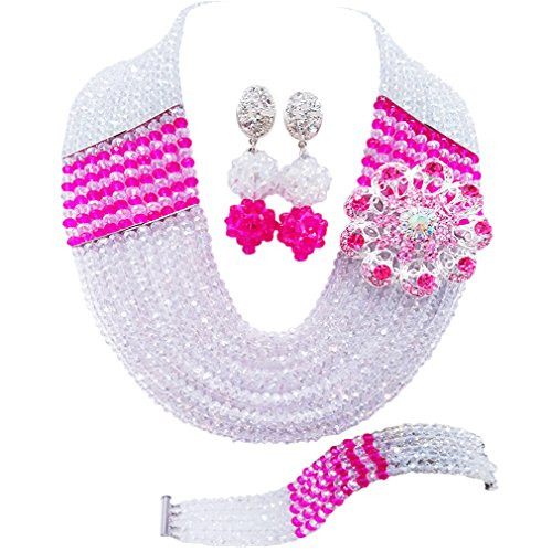aczuv 10 Rows African Beads Jewelry Set for Women Nigerian Wedding Bridal Jewelry Sets Transparent and Hot Pink aczuv 10 Rows African Beads Jewelry Set for Women Nigerian Wedding Bridal Jewelry Sets Transparent and Hot Pink