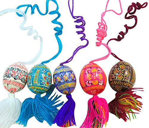 Ukrainian Wooden Pysanky Easter Eggs on Cords Handmade in the Ukraine, Set of 5 Ukrainian Wooden Pysanky Easter Eggs on Cords Handmade in the Ukraine, Set of 5