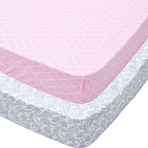 Playard Sheets, 2 Pack Pink Quatrefoil & Gray Floral Fitted Soft Jersey Cotton