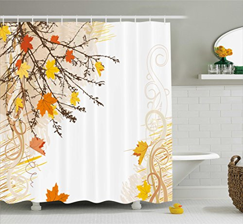 Ambesonne Nature Shower Curtain, Autumn Maple Leaves Branches in Fall Earthen Tones Faded Woodland Art Print, Fabric Bathroom Decor Set with Hooks, 70 Inches, Tan Yellow Orange