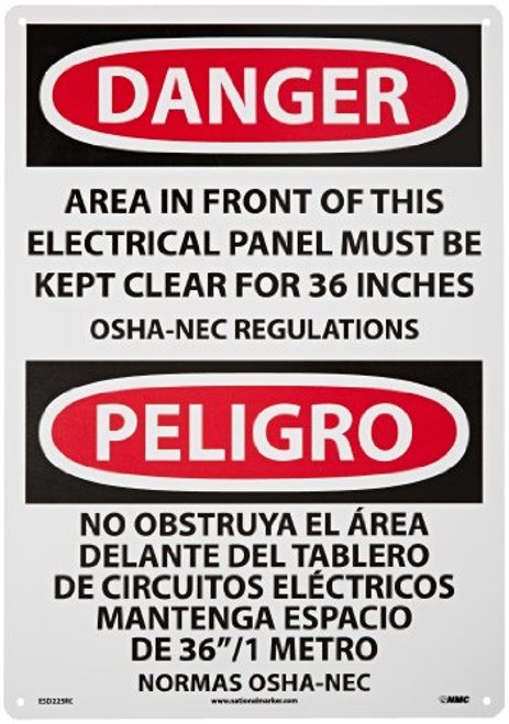 NMC ESD225RC Bilingual OSHA Sign Legend  DANGER  AREA IN FRONT OF THIS ELECTRICAL PANEL MUST BE KEPT CLEAR FOR 36 INCHES     14  Length x 20  Height Rigid Plastic Black/Red on White
