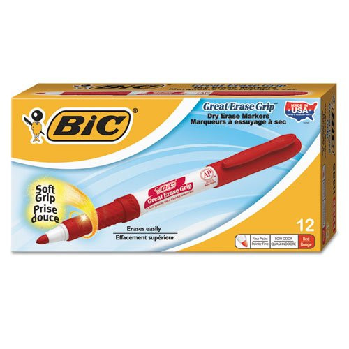 BIC Great Erase Grip Dry Erase Markers, Fine Point, Red, Dozen