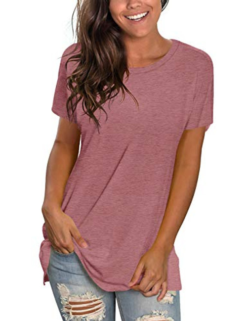 NSQTBA Womens T Shirts Short Sleeve Casual Tshirts Loose Fit Cotton Basic Tees Pink XL