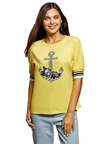 oodji Ultra Women s Printed Cotton TShirt with Embroidery Yellow US 10 / EU 44 / XL