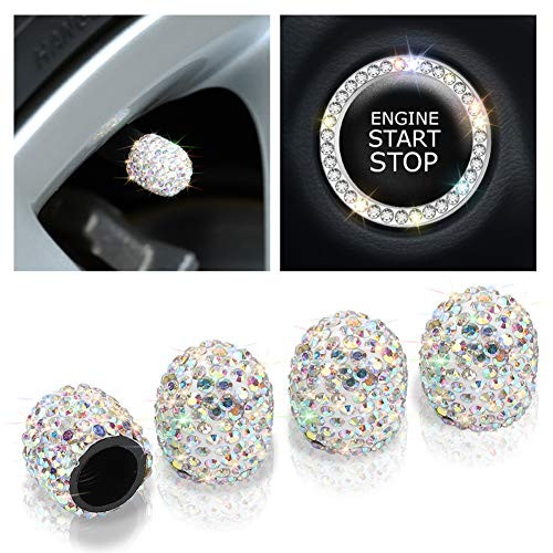 Otostar 4 Pack Valve Stem Caps Universal Bling Car Accessories Crystal Tire Valve Caps for Vehicle Bicycle Bonus Bling Engine Start Button Decoration AB