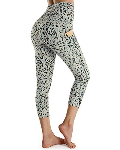 OUGES Womens High Waist Pockets Yoga Pants Running Pants Workout Leopard Capris LeggingsLeopard H Capris20inchL