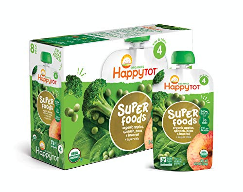 Happy Tot Organic Stage 4 Super Foods Apples Spinach Peas  Broccoli  Super Chia 4 22 Ounce Pouch Pack of 16 Packaging May Vary