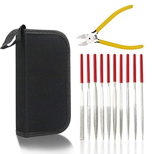 KALIM Diamond Needle File Set 10Pcs 150 Grit Precision Diamond Files and 1 Diagonal Cutting Plier/Cutter in A Carry Bag File Tools for Metal Wood Jewelry Model DIY Hobby etc